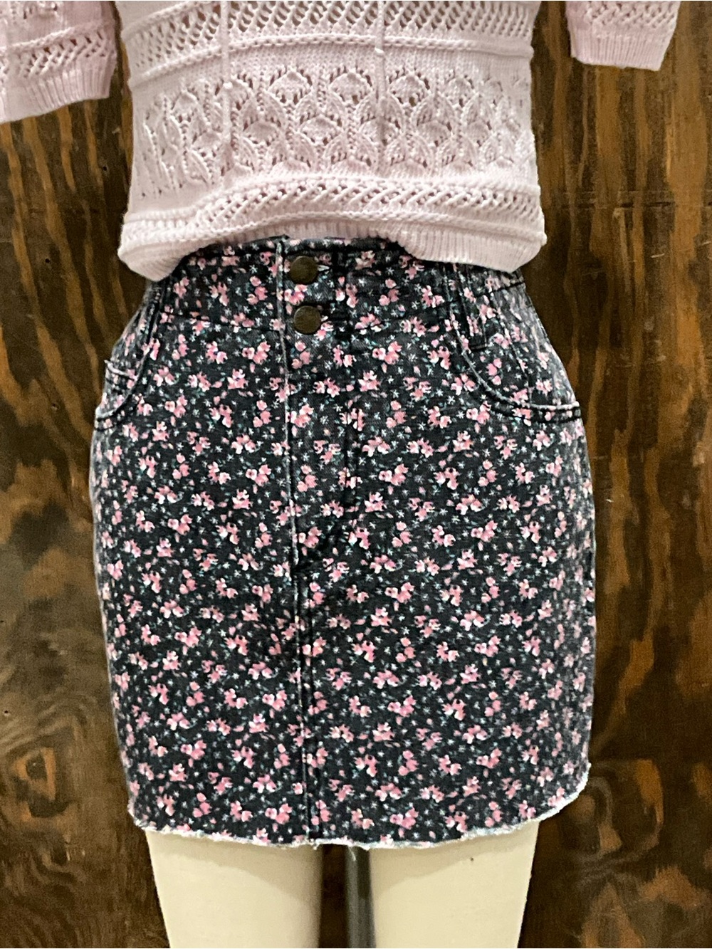 Paris Blues Black Denim Mini Skirt with Pink Floral Print